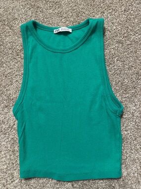 Zara Teal Ribbed Sleeveless Crop Tank